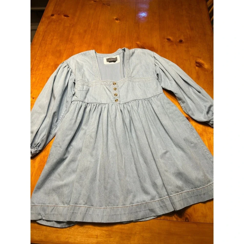Anthropologie Cottagecore Babydoll‎ Light Wash Denim Mini Dress Puff Sleeve Boho - Picture 11 of 12